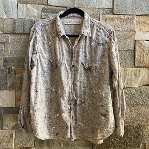 Magnolia Pearl paint splattered blouse in moss color.